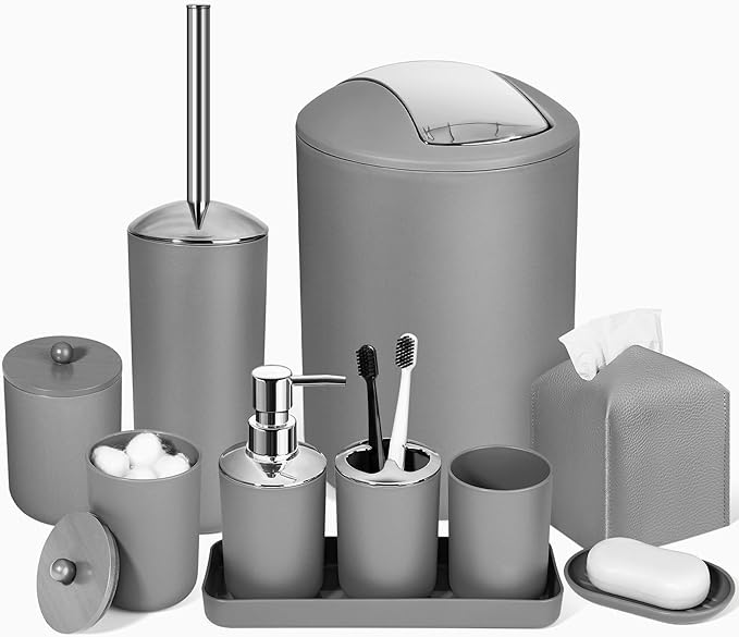 ALPIRIRAL Grey Bathroom Accessories Set, 10Pcs Bathroom Accessory Set with Trash Can, Soap Dispenser and Toothbrush Holder, Soap Dish, Cotton Ball & Qtip Holder, Toilet Brush Holder, Tissue Box Cover