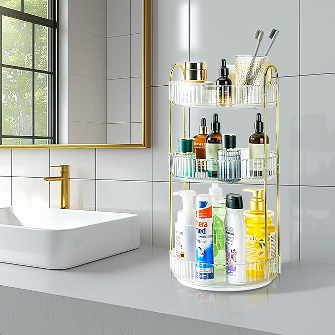 Niluks 360 Rotating Makeup Organizer, 3 Tier Large Capacity Lazy Susan Bathroom Counter Organizer, Skincare Organizers, Spinning Perfume Organizer & Vanity Organizer Countertop (Golden Clear, 3 Tier)