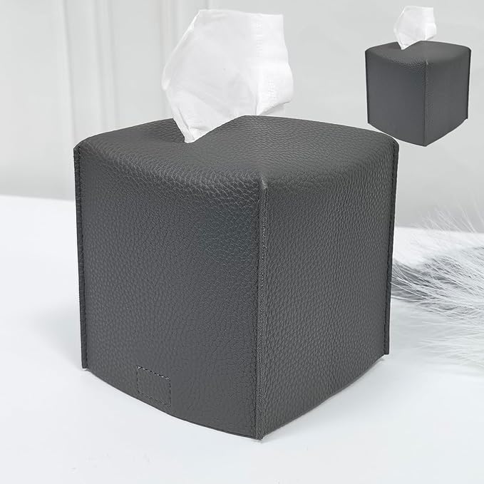 HOMOTEK 2 Pack Tissue Box Cover, Square PU Leather Tissue Holder, Decorative Facial Tissue Cube Paper Organizer Dispenser for Bathroom, Night Stands, Desk, Car 5X5X5'' - Beige, Pebble Grain