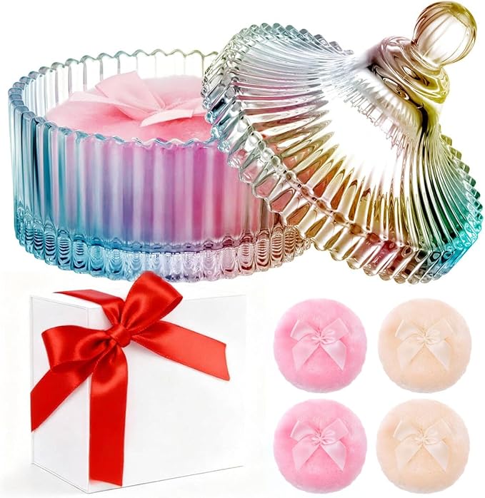 HUGOMOVA 5 Pcs Extra Large Body Powder Puff and Container Set – 5.43" Oversize Crystal Powder Container | 3.54" Ultra-Soft Velour Puff, Washable & Reusable, Ideal for Face (Colorful)