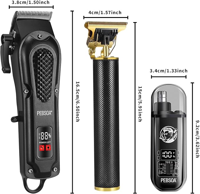 pebsoa® Men's Professional Hair Clippers Kit，Cordless & Corded Barber Clippers Set，Grooming Rechargeable Beard Trimmer with Adjustable Blade Black