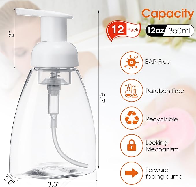 Eboot 12 Pcs 12 oz Foaming Soap Dispenser Foaming Pump Bottle Travel Hand Soap Pump Foam Dispenser Bottle Plastic Press Bottles Empty Refillable Plastic Container for Liquid Shampoo