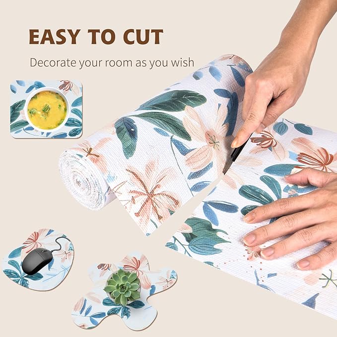 Shelf Liners for Kitchen Cabinets 17in x 30FT, Non Adhesive Drawer Liner Colored Flowers Thickened Shelf Liner Non-Slip Easy to Clean for Tool Box Refrigerator with Knife and Tape Measure