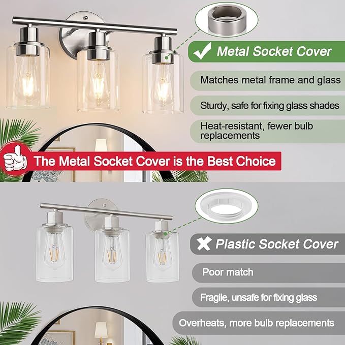 Zarbitta 3-Light Bathroom Light Fixtures, Brushed Nickel Vanity Light, Farmhouse Wall Lights with Clear Glass Shade, Bathroom Wall Lamp for Mirror Kitchen Bedroom Hallway Living Room Hallway Cabinet