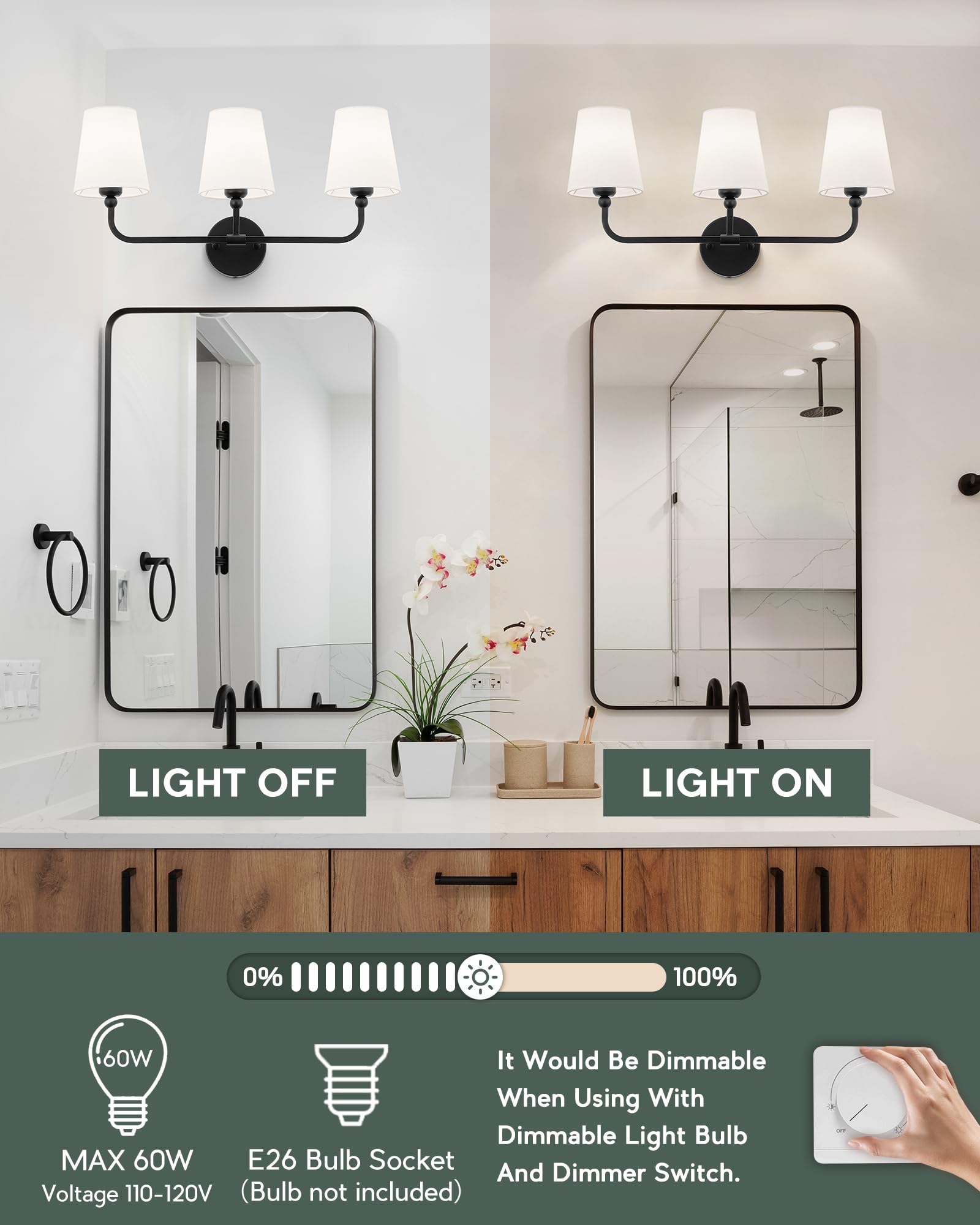 METWET Bathroom Light Fixtures, Matte Black Vanity Lights with Flared White Fabric Shade, 3 Light Wall Sconce, Modern Sconces Wall Lighting for Hallway Bedroom, VL837-MB-3