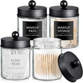 SheeChung 4-Pack Glass Qtip Holder Dispenser - Rust-Proof Stainless Steel Apothecary Jars with Labels - Modern Farmhouse Bathroom Organizer for Cotton Swabs, Balls, Pads(Matte Black)