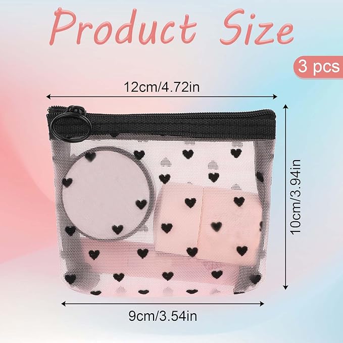 3Pcs Mini Cosmetic Bags, Heart Print Mesh Zipper Bags, Lipstick Accessories Organizer, Makeup Bag for Women, Small Purse Bag (White, Pink, Purple)