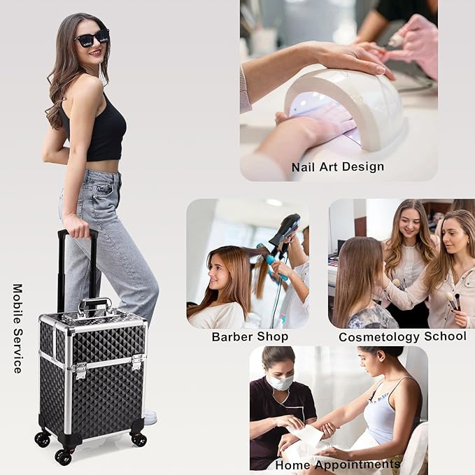 Stagiant Rolling Makeup Train Case Cosmetology Case on Wheels Travel Cosmetic Suitcase Trolley Makeup Luggage Storage Box 4 Tray with Lock Middle Layer Salon Nail Tech Cart Traveling Tattoo Case Black