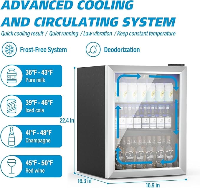 Stopsad Compact Beverage Refrigerator, 1.7Cu.Ft/70 Can Mini Fridge with Glass Door and Digital Display, Small Drink Fridge with Adjustable Shelves for Soda, Beer, or Wine, Compact Fridge for Bedroom