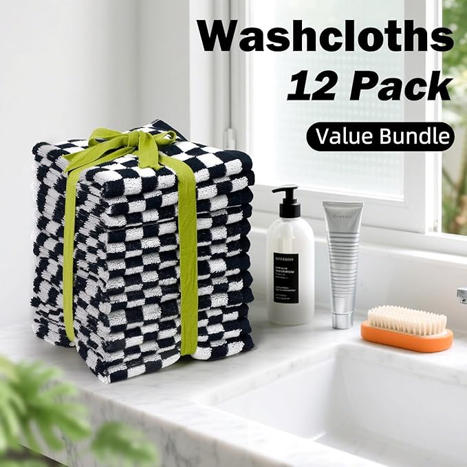 Washcloths 12 Pack Checkered - Wash Cloths for Showering (13"x13") in Black