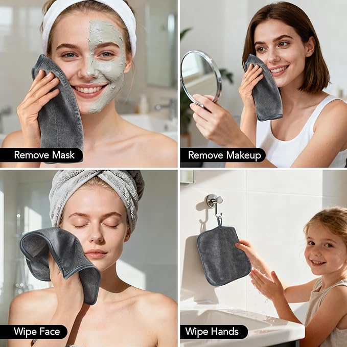 SINLAND Microfiber Facial Cloths Fast Drying Washcloth 8inch x 8inch Absorbent Face Wash Cloth Soft Makeup Remover Cloths