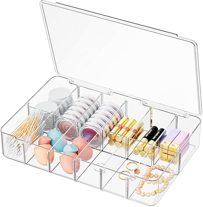 APLOP Clear Acrylic Makeup Organizer with Cover - 12 Compartments Cosmetic and Jewelry Organizer for Vanity and Desk Storage