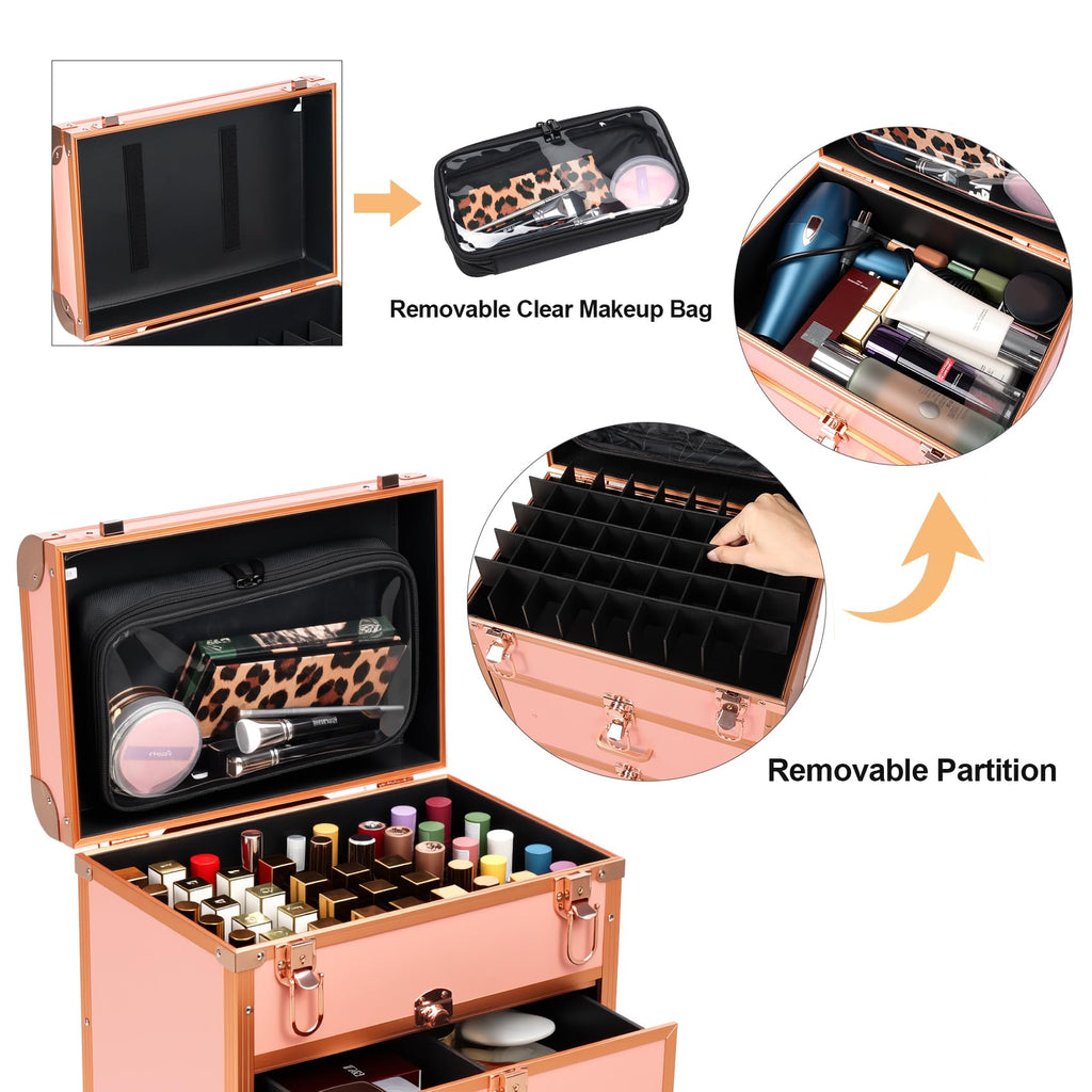 3 in 1 Rolling Makeup Case, Professional Cosmetology Case on Wheels, Detachable Clear Makeup Bag & Nail Polish Organizer, Portable Makeup Trolley with Drawers for Makeup Artists & Nail Technicians