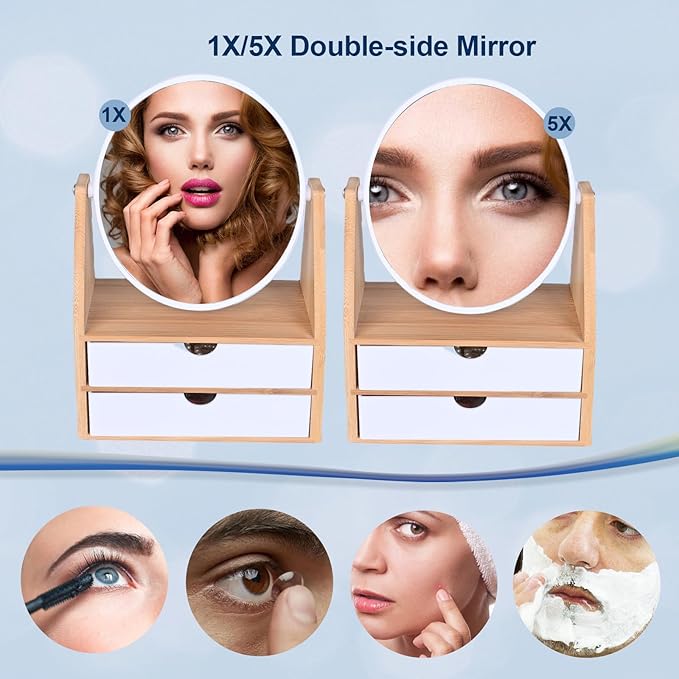 PYSYY 1x / 5X Magnifying Makeup Mirror, Jewelry and Cosmetics Storage Box with Double Drawers, Adjustable Natural Bamboo Stand, 360° rotatable Vertical Desktop Mirror (1, Oval)