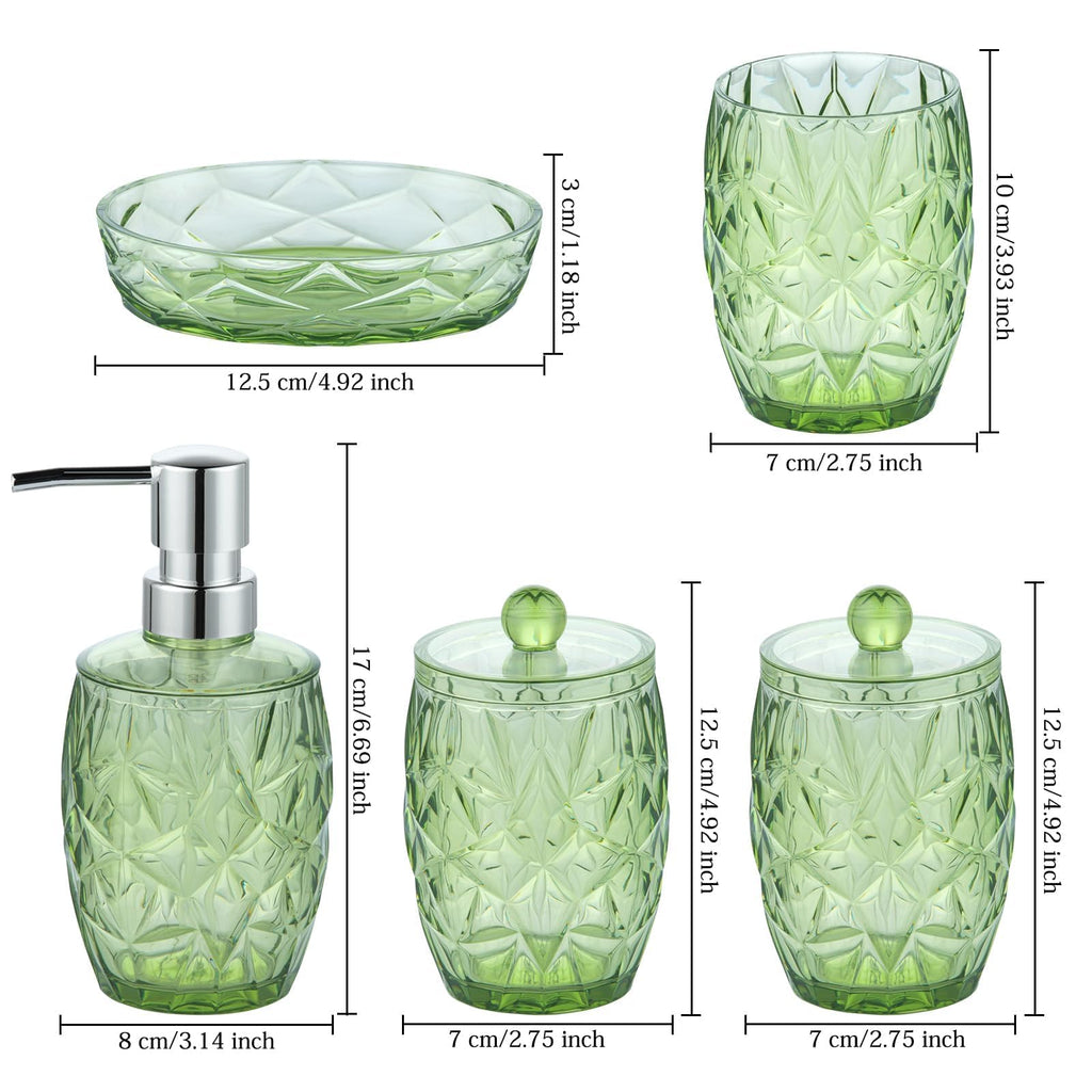 Modern Shatterproof Acrylic Olive Green Bathroom Accessories Set – 5-Piece Glass-Free Vanity Set with Soap Dispenser, Toothbrush/Makeup Brush Holder, 2 Cotton Jars with Lids, and Soap Dish