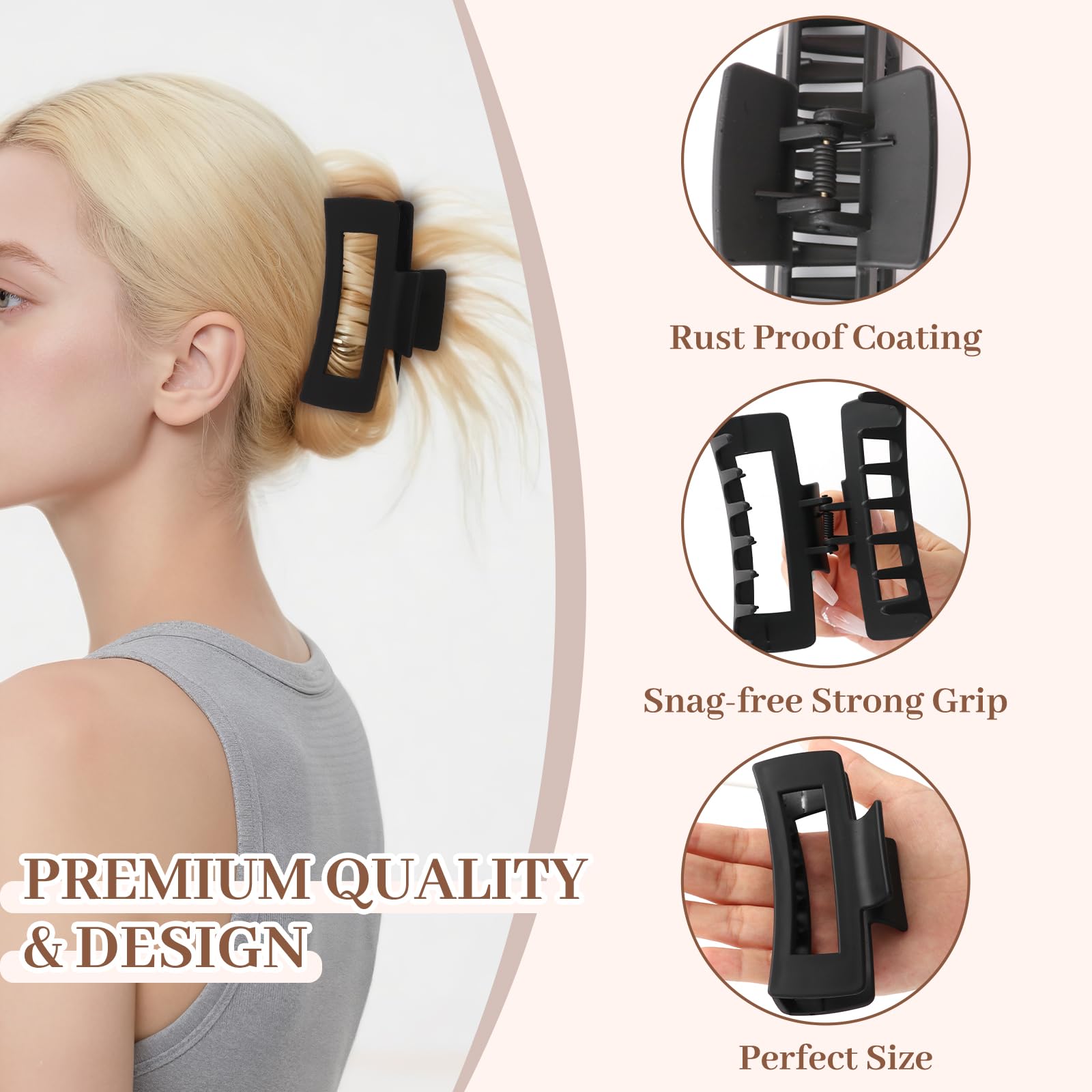 Matte Non-Slip Large Hair Clips for Women 8PCS (All Black)