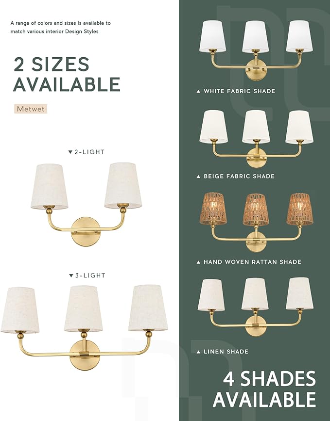 2-Light Bathroom Light Fixtures, Brushed Gold Vanity Lights, Double Wall Sconce with Linen Fabric Shade, Modern Sconces Wall Lighting for Hallway Bedroom Stairway, VL837-BG-A-2