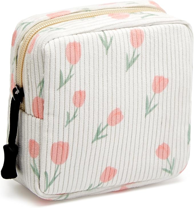 ZOEMTIU Small Makeup Bag for Purse,Mini Cosmetics Bag cute Zipper corduroy Cosmetic Pouch Storage Pouch Travel Toiletry Organizer for Women Girls(Tulip White)