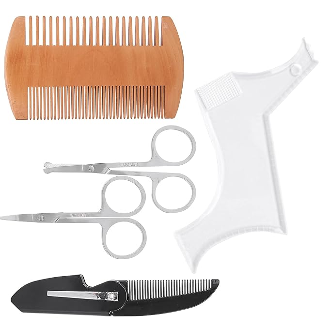 Transparent Beard Shaping Template Comb Scissors Set, Beard Grooming Styling Tool Kit, Double Sided Combs with Fine and Thick Teeth, Includes Folding Comb, Round Head and