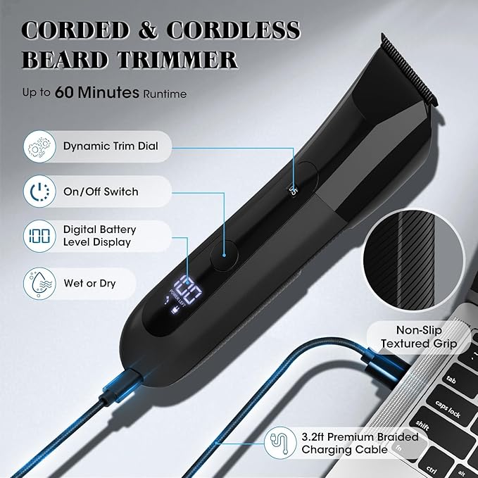 QREEYX Beard Trimmer for Men Groin & Body Hair Trimmer, Nose & Ear Clipper Head Razors for Bald Men, 5 in 1 Waterproof Manscape Kit with Travel Case, LED Display, Grooming Kit Gift for Him