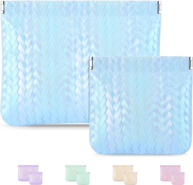 MXXUUOOM 2 Pack Small Makeup Bag for Purse Leather Cosmetic Pouch Organizer, Snap Closure Holographic Woven Makeup Bag, Mini Lipstick Coin Pouch, Travel Makeup Organizer for Women blue