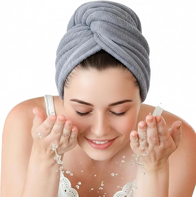 2 Pack Microfiber Hair Towels for Women - Super Absorbent & Fast Drying Hair Wrap Cap for Thick Long Curly Hair, Soft Bath Towel for Shower, Gym, Travel (Grey)