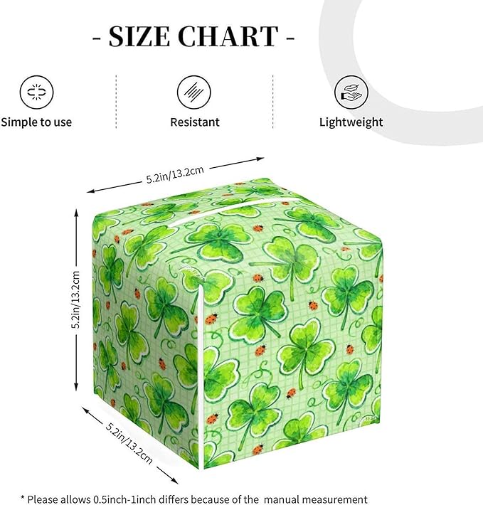 Lucky Clover Tissue Box Cover St. Patrick's Day Leather Tissue Box Holder Square Facial Paper Organizer Dispenser for Bathroom Kitchen Bedroom Vanity Countertop Night Stands