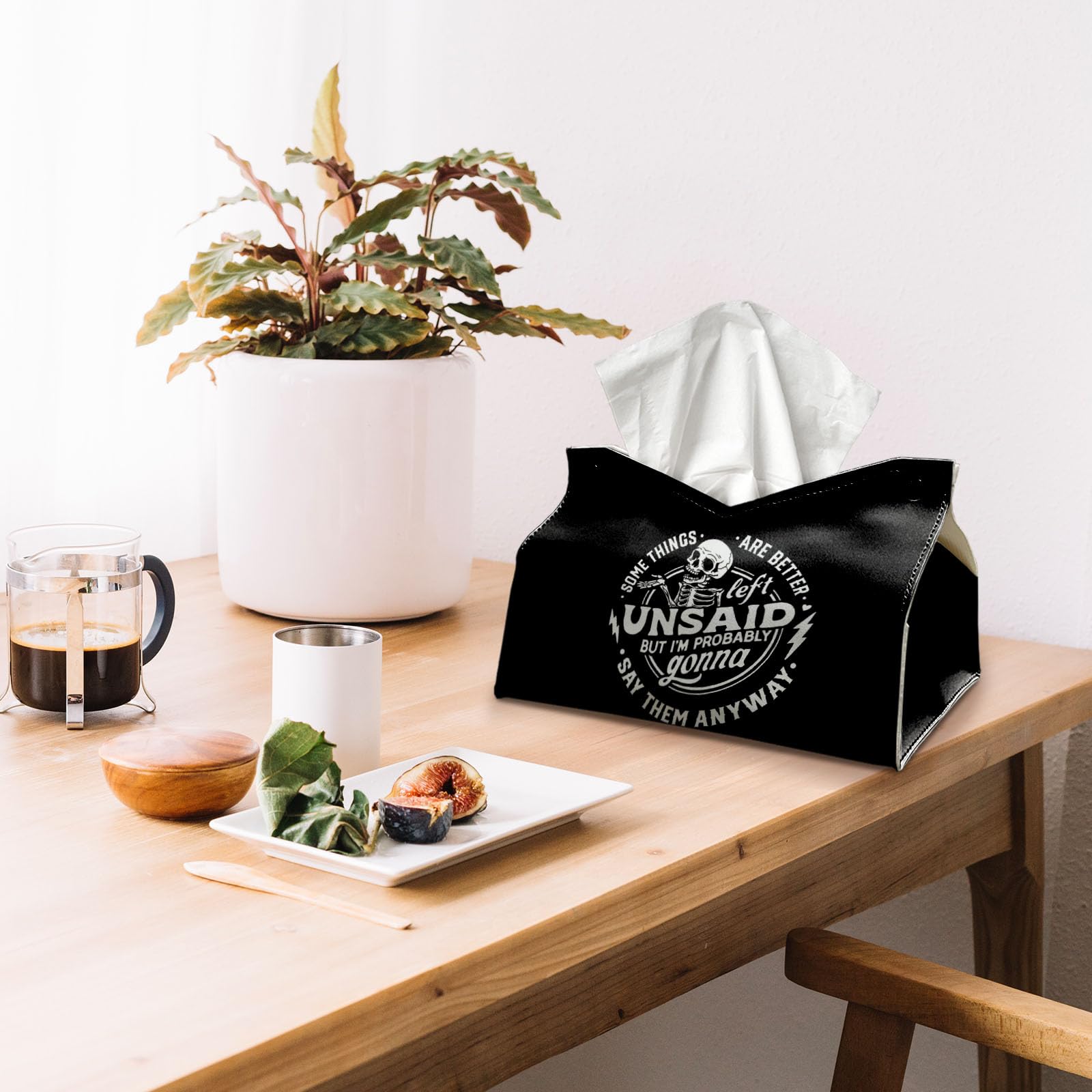 Skeleton Funny Tissue Box Cover Rectangle, Gothic Skull Tissue Box Holder, Black Facial Paper Case for Bathroom Kitchens Livingroom, Halloween Kitchen Accessories Gifts for Women Home 9.8x5.9x5.9