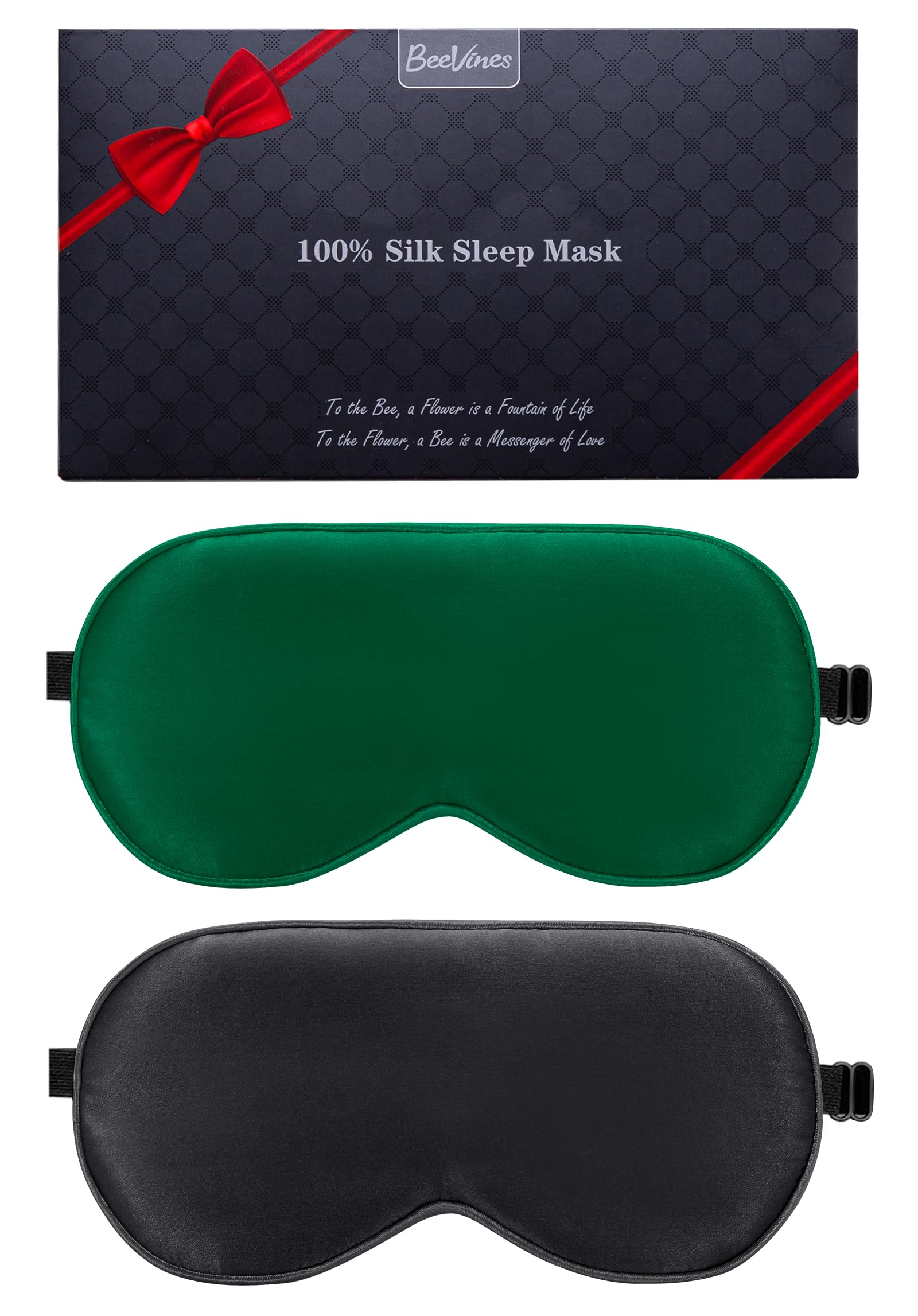 BeeVines 100% Real Mulberry Silk 2 Pack Sleep Mask, Pure Silk Eye Masks with Adjustable Strap for Sleeping, Block Light Eye Shade Cover, Reduces Puffy Eyes Traveling Gifts(Black & Green)