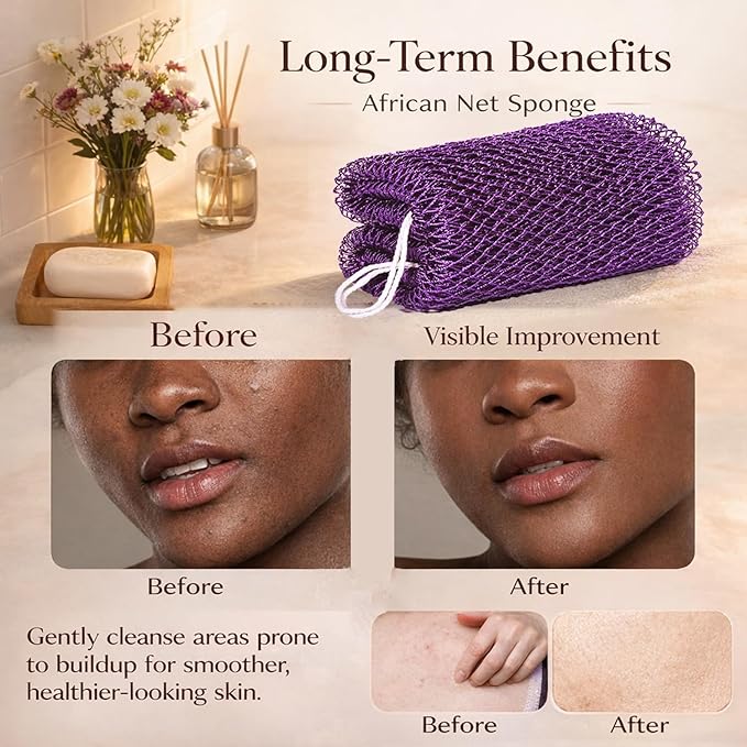 African Net Sponge Authentic, 6 Pieces African Exfoliating Net Sponge Body Back Scrubber Exfoliating Washcloth for Shower Bath for All Types Skin (Black+Purple+Pink+Blue+Olive Green+Gold, 6 Pcs)