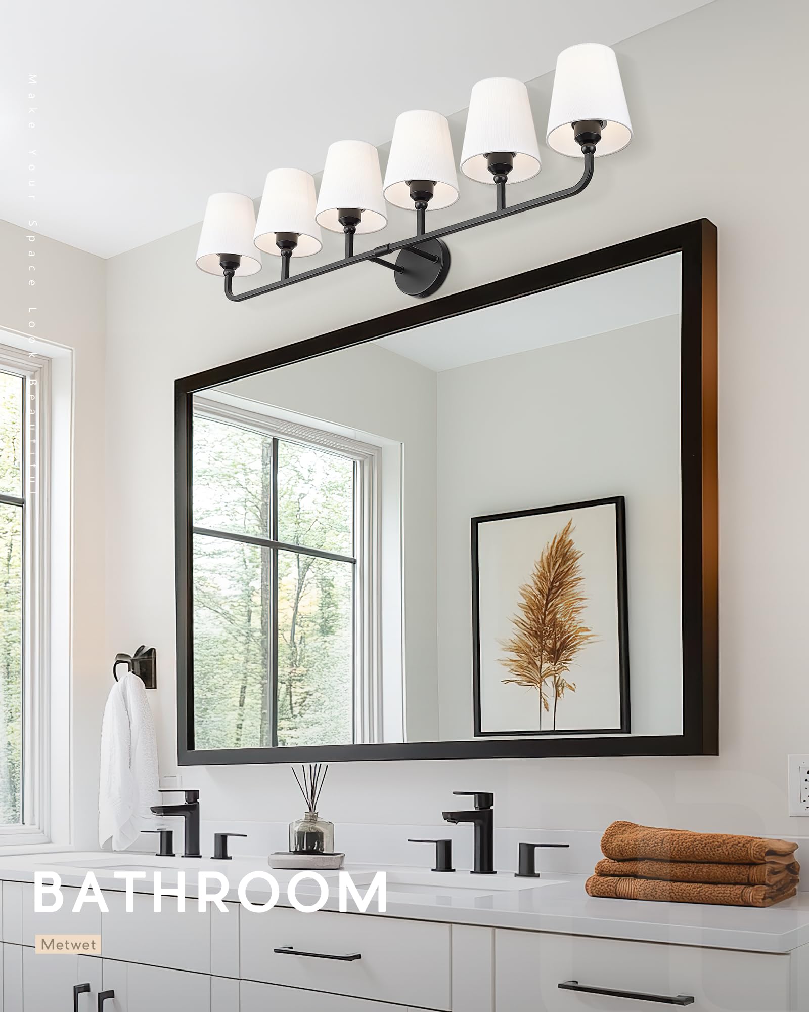 METWET 6-Light Matte Black Bathroom Vanity Light, White Fabric Shades
