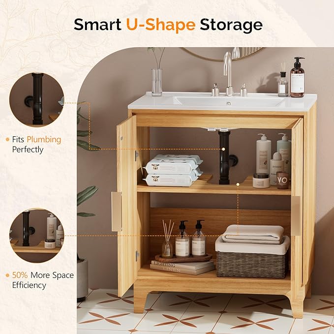 VINGLI 30 Inch Bathroom Vanity with Sink, Mid Century Modern Freestanding Cabinet with Ceramic Top, Fluted Soft-Close Doors & U-Shape Storage for Small Bathroom, Natural Oak
