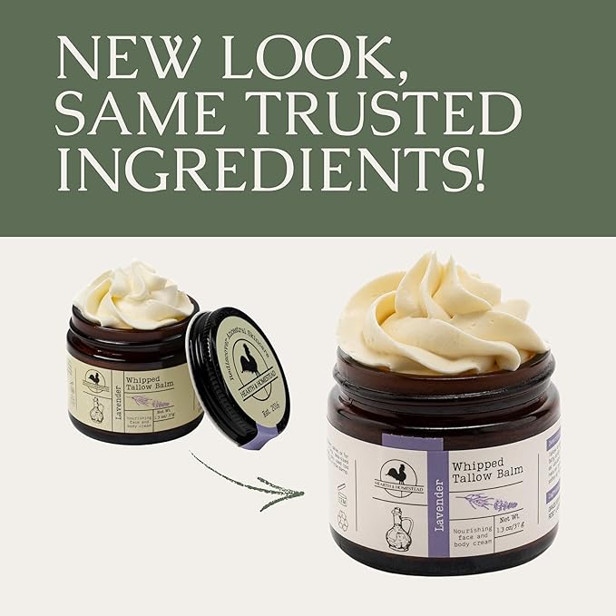 Hearth & Homestead Whipped Beef Tallow for Skin & Face, 100% Grass Fed, Eczema Cream & Body Butter, Organic Olive Oil, Calendula & Rose, Lotion & Hand Moisturizer for Dry Skin, Lavender, 1.3oz