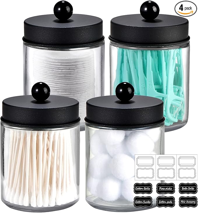 Amolliar Green Glass Apothecary Jar, Qtip Holder Bathroom Decor Gold 4 Pack