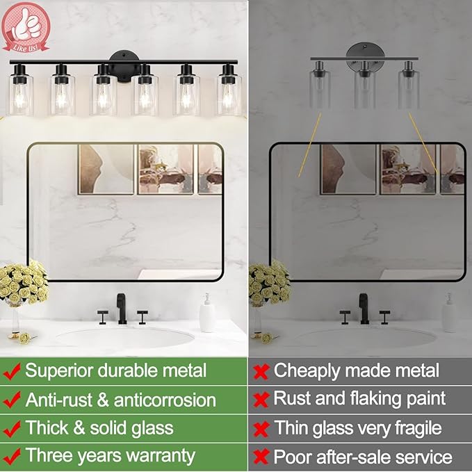 Zarbitta 6-Light Bathroom Light Fixtures, Black Modern Vanity Lights with Clear Glass Shade, Bathroom Wall Lamp for Mirror Kitchen Living Room Hallway Cabinet
