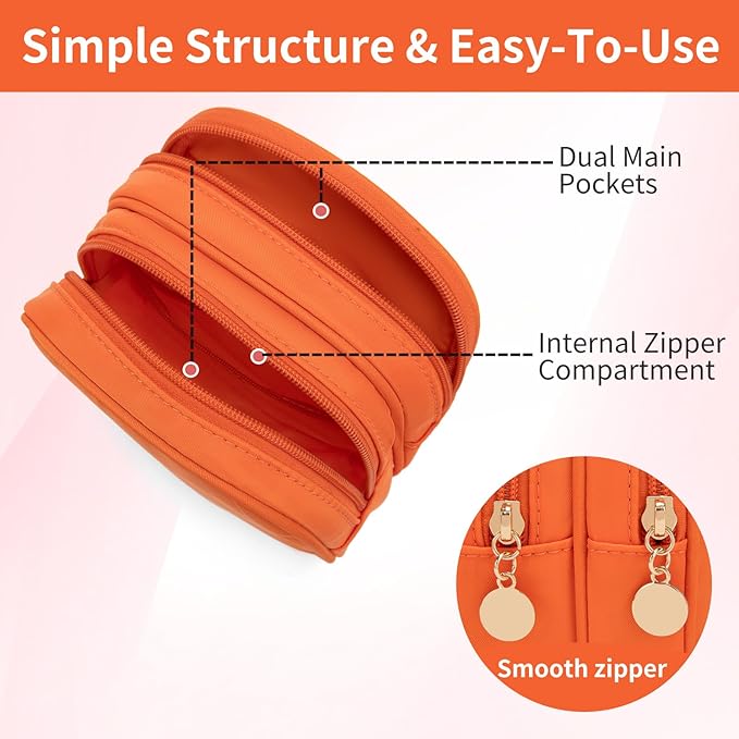 XIAOLER Small Makeup Pouch, Double Zipper Cosmetic Bag, Travel Makeup Bag, Cute Makeup Bag for Purse, Mini Toiletry Bag (Peach)