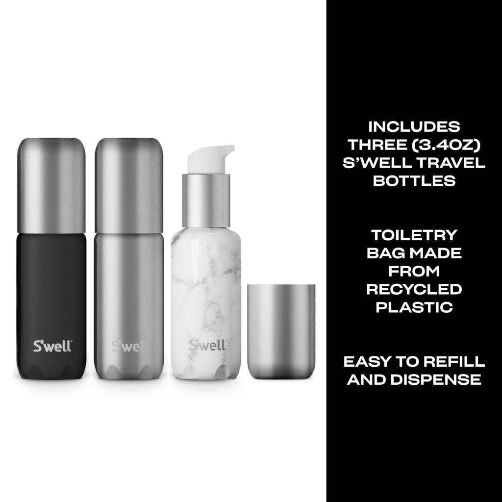 S'well 3.4oz Travel Bottle Set, Includes 3 Lightweight and Recyclable Aluminum Bottles, Leakproof Pumps For Shampoo, Conditioner, Body Wash, Lotions, Sanitizers, and More, TSA Carry On Approved