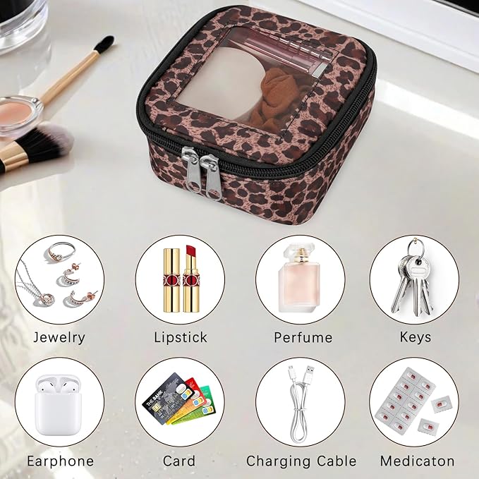 DOB SECHS Mini Leopard Makeup Bag for Purse 5.1'' x 5.1'' Small Makeup Bag for Car Cute Clear Cosmetic Bags with Zipper, Tiny Toiletry Bag Lipstick Organizer Pouch Case Travel Essentials Storage Pouch