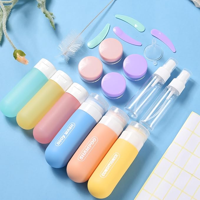 YNSHOUNA 20 Pack Travel Bottles Set, TSA Approved Travel Size Toiletries Containers, Leak Proof Shampoo and Conditioner Bottles, Refillable Travel Essentials Toiletry Bottles (Light Color)