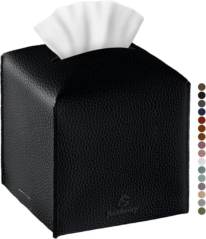 Tissue Box Cover, Jeethemy Square PU Leather Tissue Box Holder, Modern Tissue Case Facial Paper Organizer Dispenser，5X5X5'',Single Black