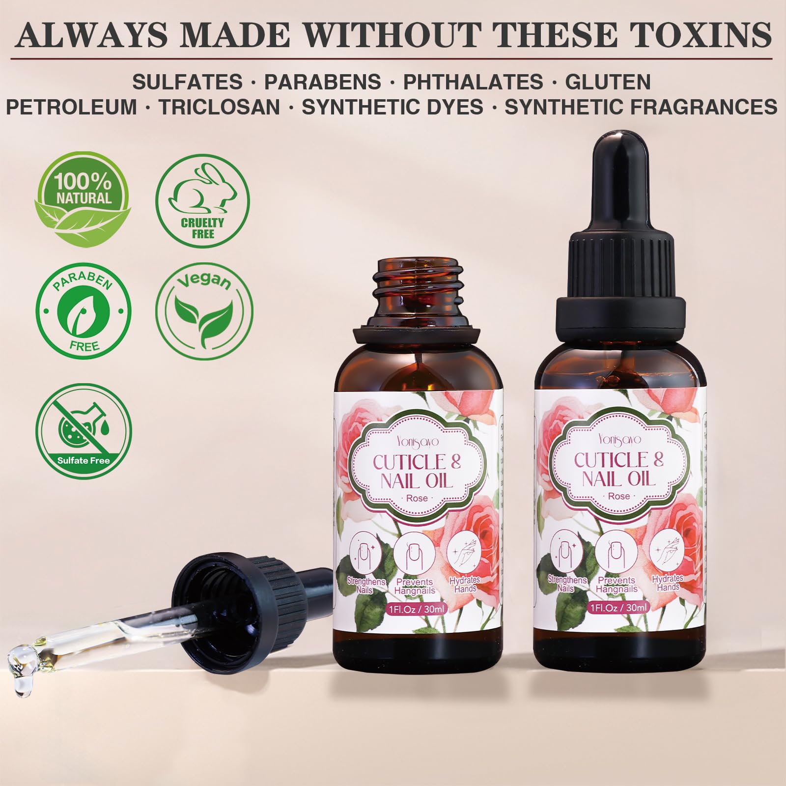 yonisayo 3 in 1 Cuticle Oil, 3 Pack Rose Nails Care Oil to Strengthen Brittle Nails, Hydrate Dry Cuticles & Soften Hands, Fast-Absorbing