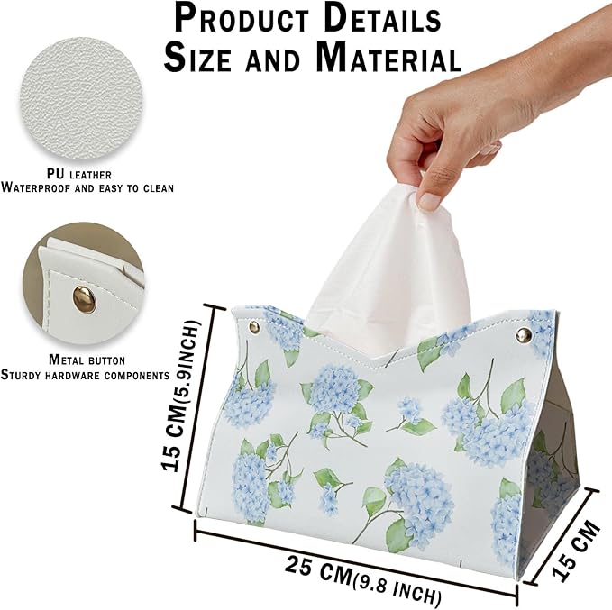 Hydrangea Tissue Box Cover Rectangle, Blue Flroal Tissue Box Holder Leather Facial Paper Case Decorative Organizer Holder Dispenser, Blue White Aesthetic Desk Accessories for Women Home 9.8x5.9x5.9