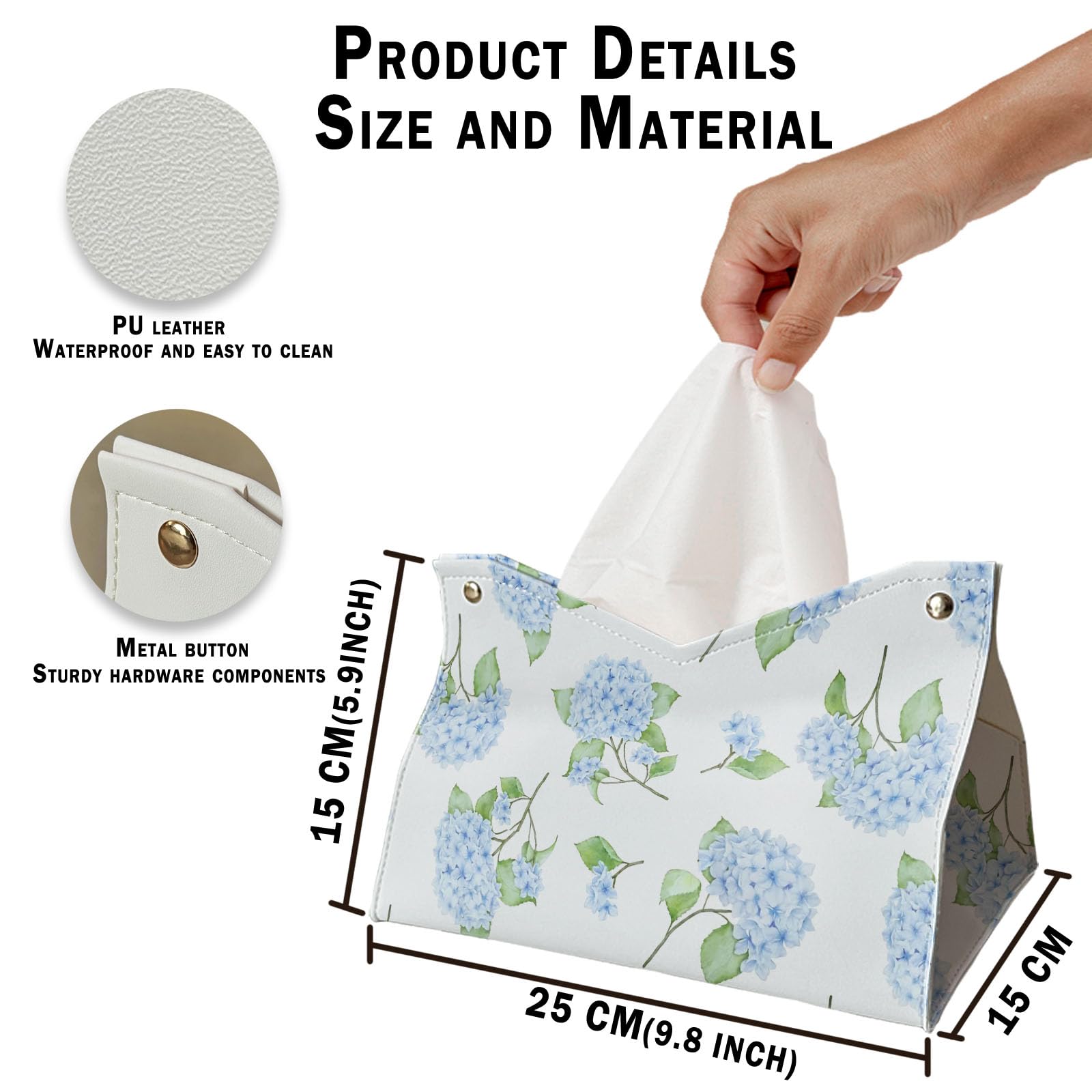 Hydrangea Tissue Box Cover Rectangle, Blue Flroal Tissue Box Holder Leather Facial Paper Case Decorative Organizer Holder Dispenser, Blue White Aesthetic Desk Accessories for Women Home 9.8x5.9x5.9