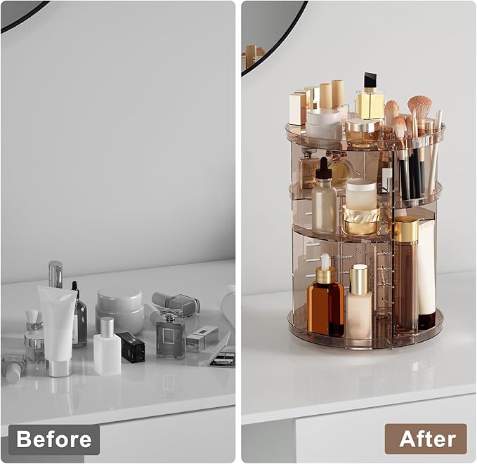 Rotating Makeup Organizer, DIY 8 Adjustable Layers Spinning Skincare Storage, Cosmetic Display Case with Brush Holder and Perfume Tray, Multi-Function Vanity Bathroom Countertop Organizer Clear Coffee