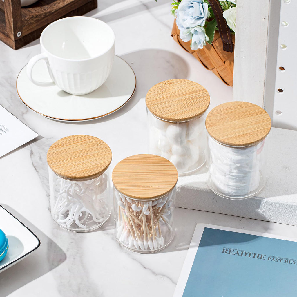 Yaomiao 6 Pack Cotton Pad Holder Bathroom Container, 10 oz Cotton Ball Swabs Dispenser, Clear Plastic Apothecary Jar Organizer with Lids for Bathroom Organization Vanity Organizers(Wood Color)