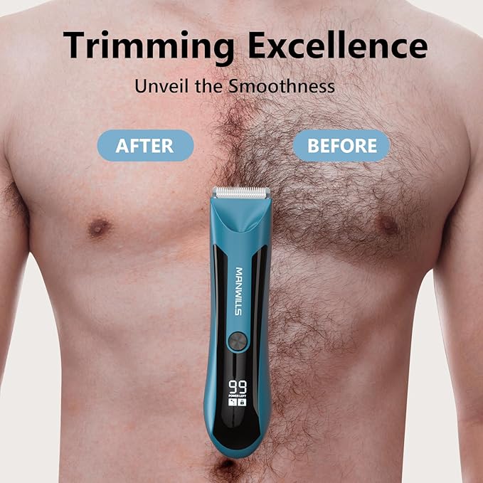 ManWills Body Hair Trimmer Men - Body Groomer, Groin Hair Trimmer for Men Waterproof Wet/Dry Use, Electric Ball Trimmer/Shaver with Charging Dock, Male Hygiene Razor, Mens Grooming Kit