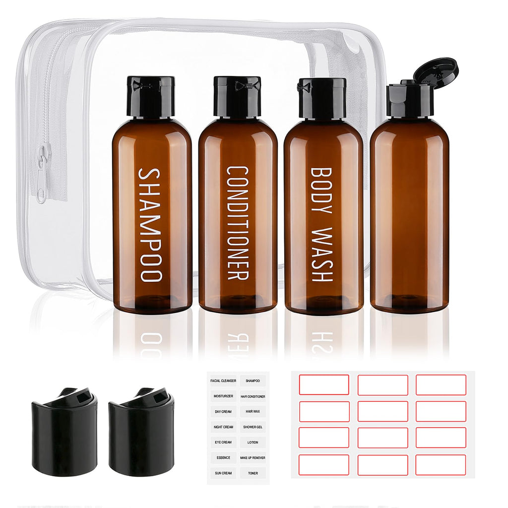 Wowang Travel Bottles for Toiletries 3.4oz 4 Pack TSA Approved Leak-Proof Travel Size Containers Squeezable Empty Plastic Toiletry Bottles for Shampoo, Conditioner, Body Wash (Brown)