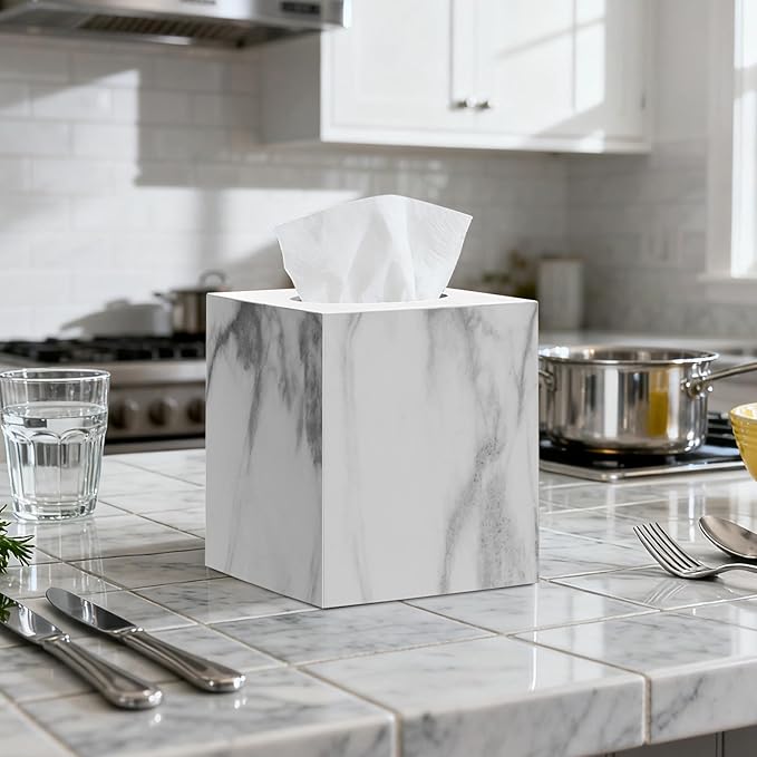 2 Pack Marble Tissue Box Cover, Square Acrylic Tissue Holder, Decorative Facial Tissue Box Vessel Cube Paper Organizer Dispenser for Bathroom Office, Night Stand, Desk, Car, Vanity, Countertops