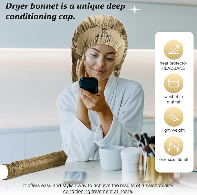 Bonnet Hair Dryer Attachment - Bonnet Hood Dryer with Headband That Reduces Heat Around Ears and Neck, Use for Hair Styling, Hair Drying, Curling and Deep Conditioning (Extended Version, Gold)