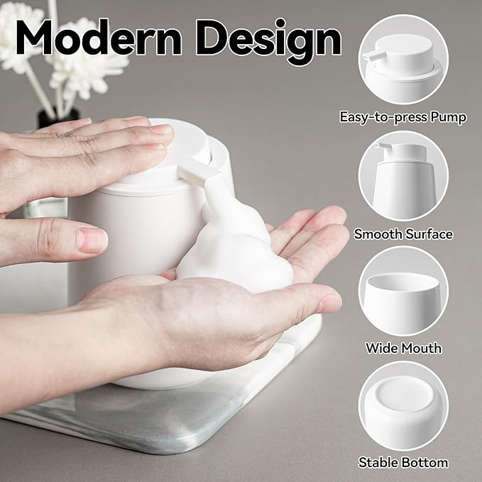 AZMOYAC Foaming Soap Dispenser - 12 OZ White Ceramic Foam Soap Dispenser for Bathroom, Hand Wash Dispenser Bottle with Black Foaming Pump, Refillable Dish Dispenser Kitchen